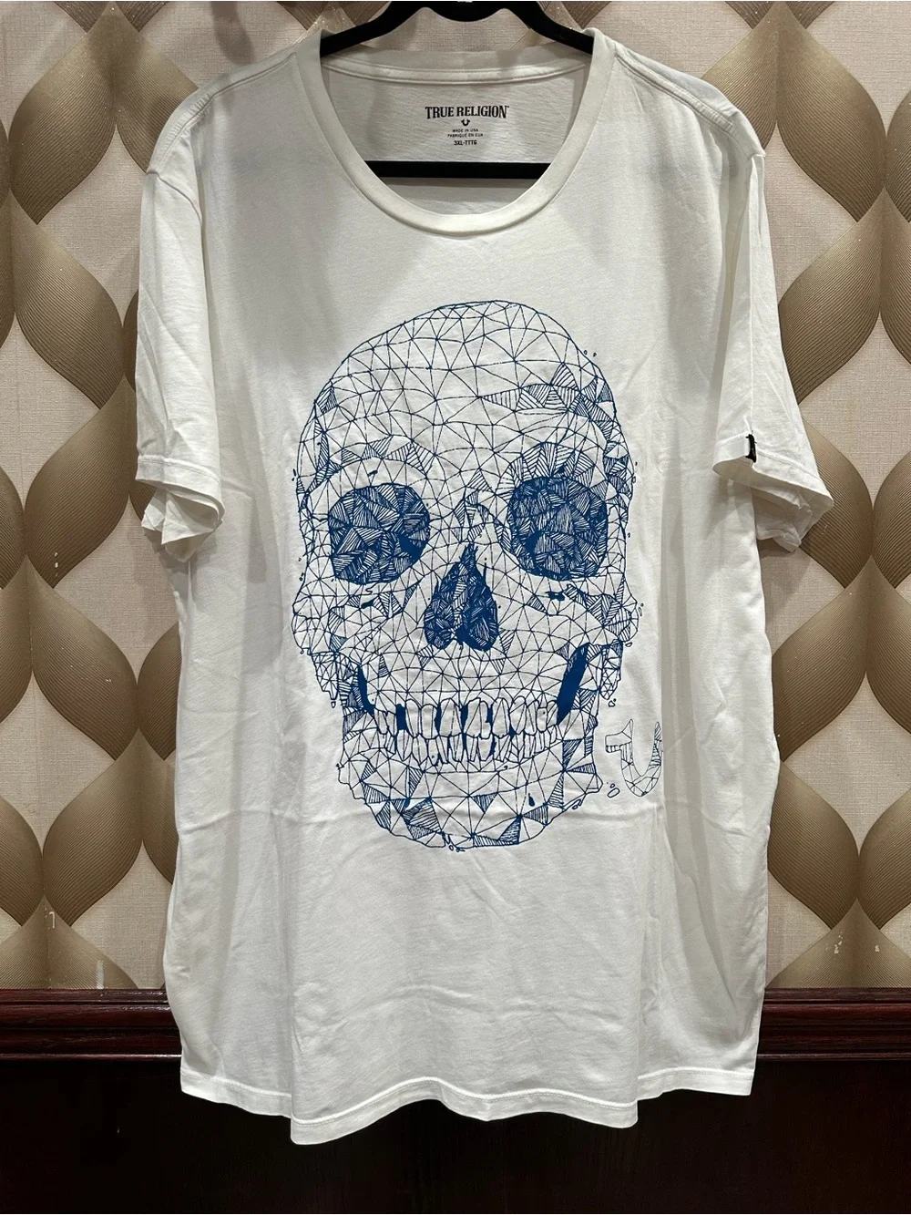 True religion Men's White Graphic Skull Tee - Blue Print cotton 3XL XXXL